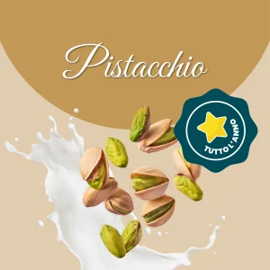 Si vede un'immagine che racchiude i principali ingredienti del pistacchio: latte e pistacchi