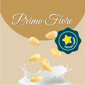 Si vede un'immagine che racchiude i principali ingredienti del primo fiore: latte e pinoli