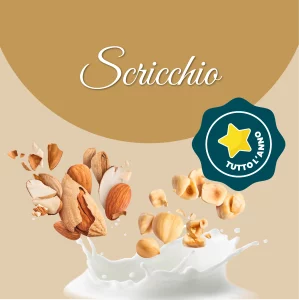 Si vede un'immagine che racchiude i principali ingredienti dello scricchio: latte, mandorle e nocciole