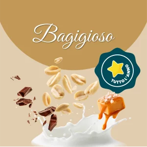 Si vede un'immagine che racchiude i principali ingredienti del bagigioso: latte, cioccolato, arachidi e caramello salato