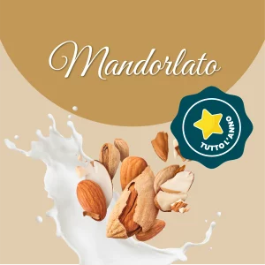 Si vede un'immagine che racchiude i principali ingredienti del mandorlato: latte e mandorle