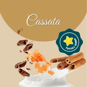 Si vede un'immagine che racchiude i principali ingredienti della cassata: latte, cioccolata, cannella e canditi