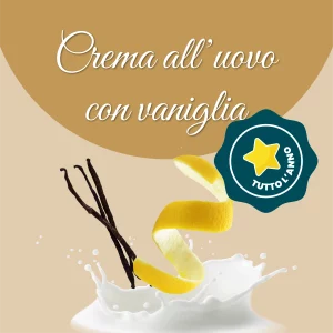 Si vede un'immagine che racchiude i principali ingredienti della crema all'uovo con vaniglia: latte, vaniglia e limone