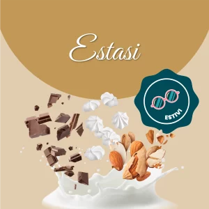 Si vede un'immagine che racchiude i principali ingredienti di estasi: latte, cioccolato, meringhe e mandorle