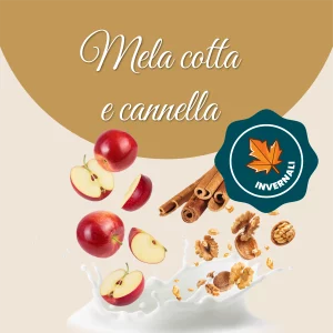 Si vede un'immagine che racchiude i principali ingredienti di mela cotta e cannella: latte, mele, cannella e noci.