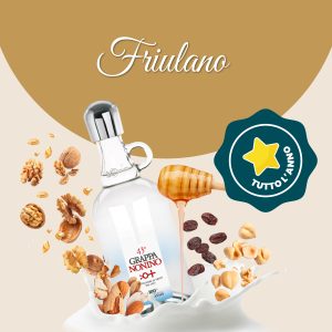 Si vede un'immagine che racchiude i principali ingredienti di "friulano": latte, ricotta, noci, nocciole, mandorle, uvetta, grappa e miele.